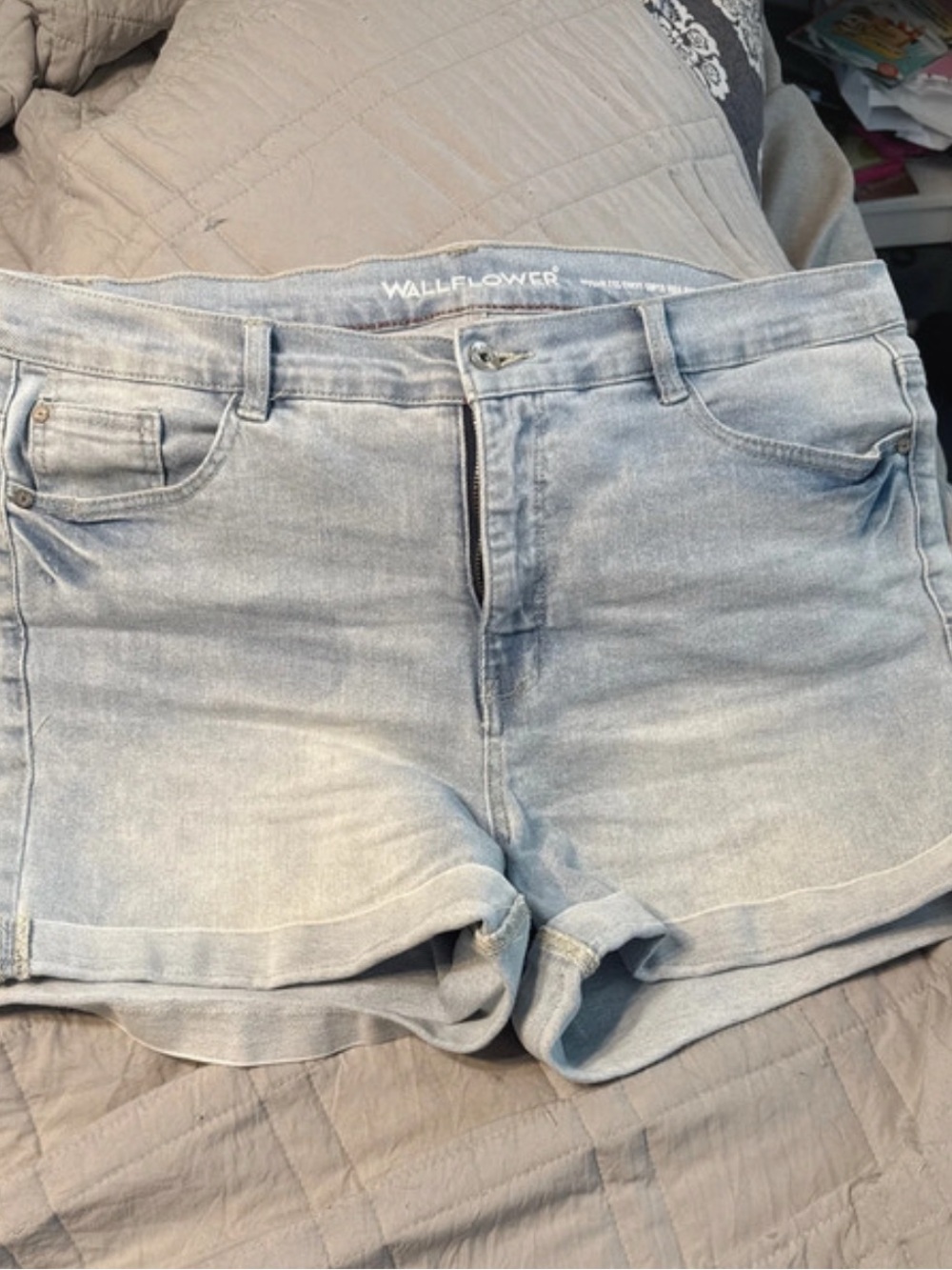 Wallflower Faded Light Blue Roll-Hem Denim Shorts
